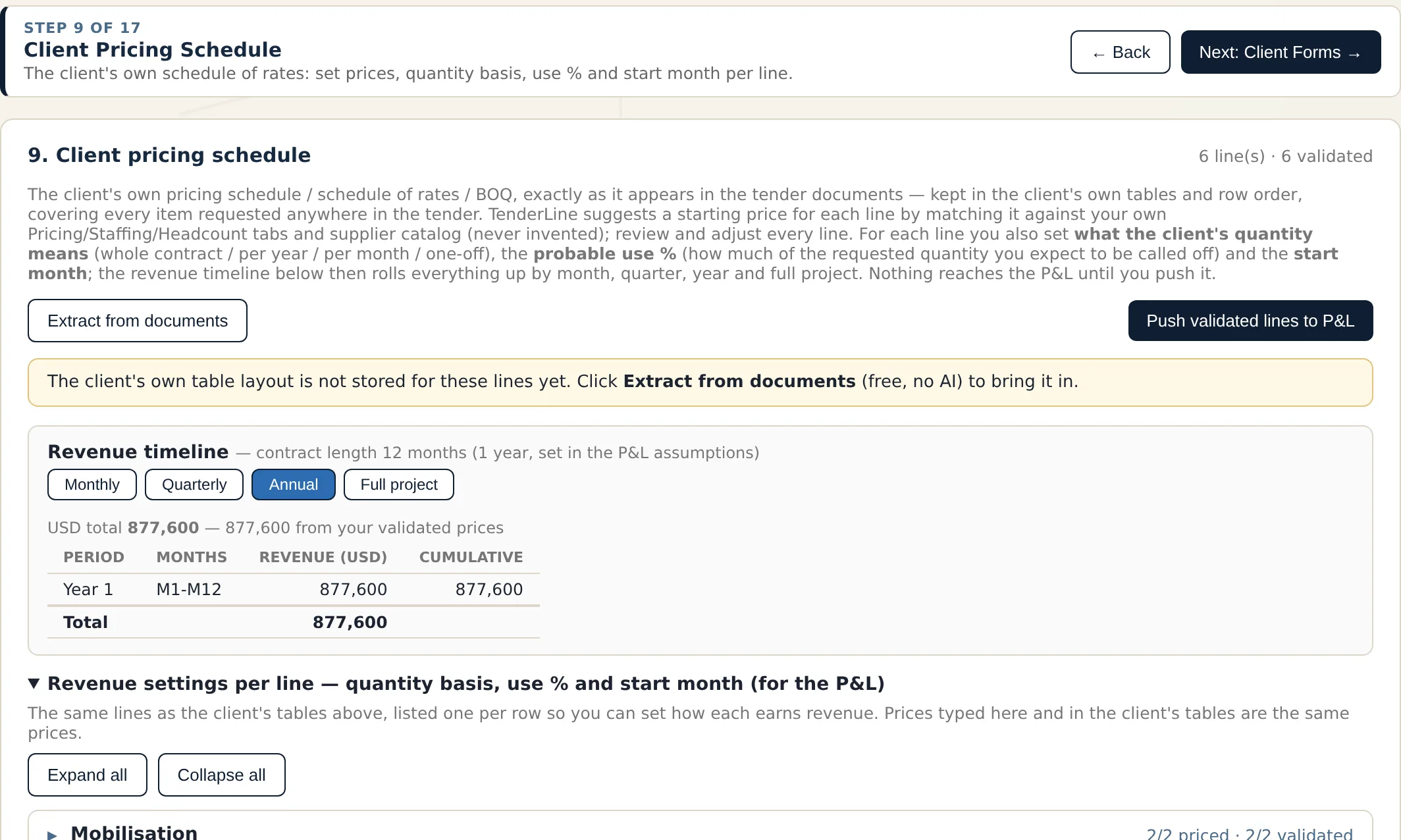 TenderLine screen: Step 9 · Client pricing schedule