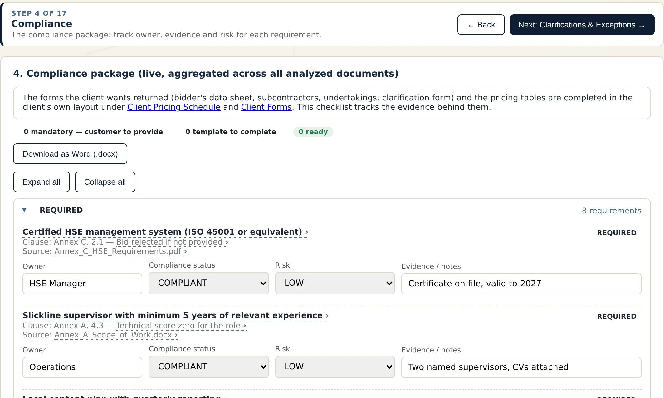 TenderLine screen: Step 4 · Compliance