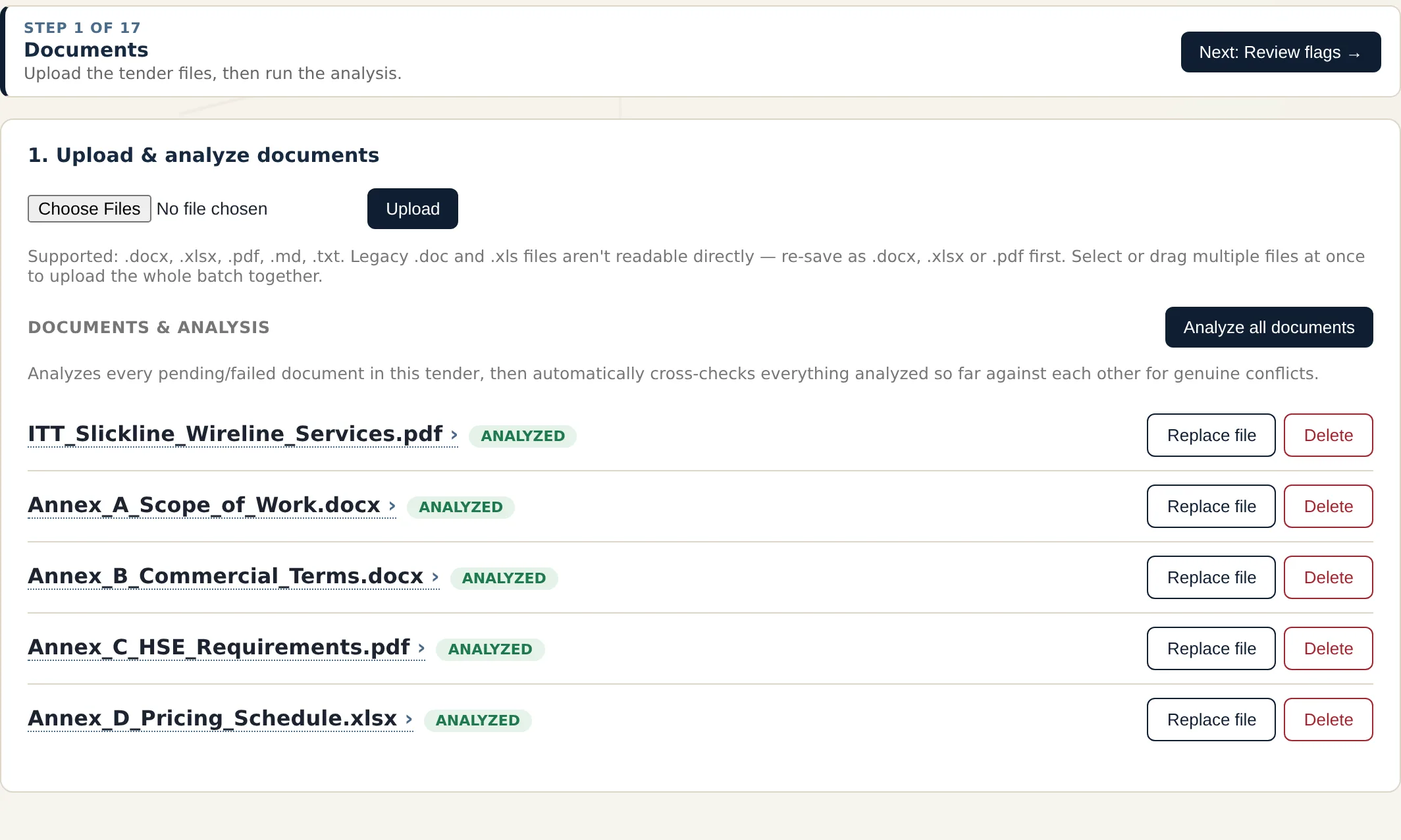 TenderLine screen: Step 1 · Documents