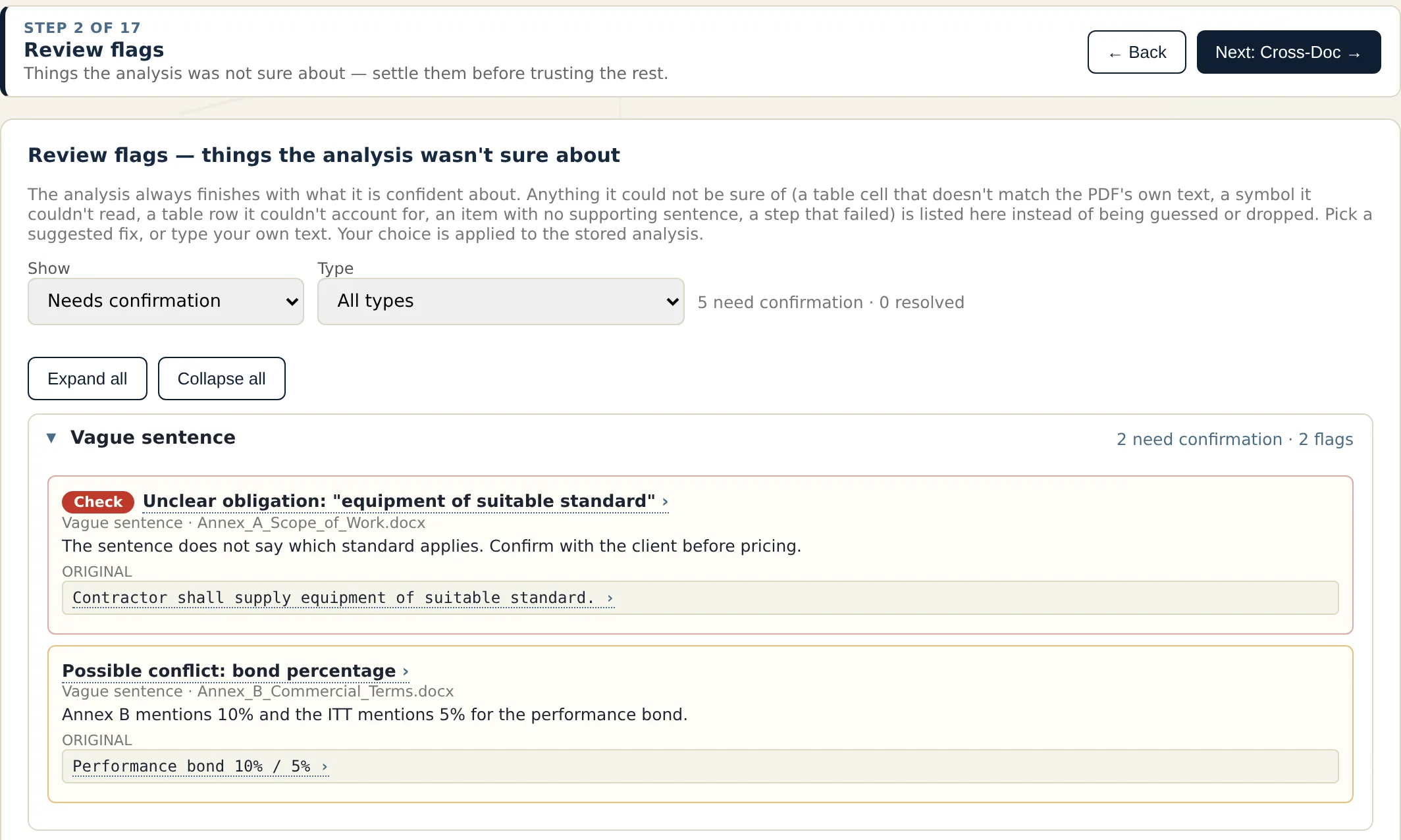 TenderLine screen: Step 2 · Review flags